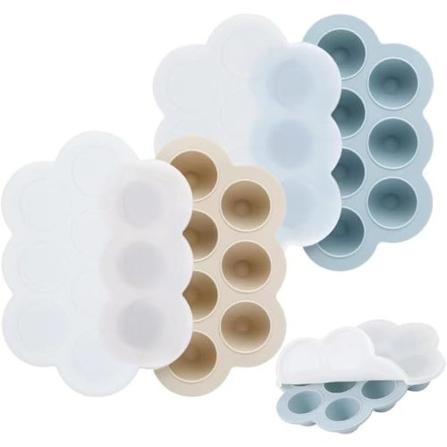 PandaEar 2 Pack Baby Food Freezer Tray with Lids, Silicone Ice Cube Trays for Freezer, Baby Fruit Food Feeder Tray, Baby Food Storage Container for Homemade Baby Food (Blue/Tan)