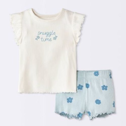 Baby Girls' 2pc Snuggle Time Floral Ruffle Sleeve T-Shirt and Bike Shorts Set - Cloud Island™ Cream/Blue 3-6M