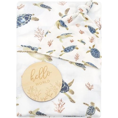 LifeTree Muslin Swaddle Blankets, Muslin Baby Boy Swaddle Blanket and Hat Set with Birth Announcement Card, Newborn Unisex Neutral Receiving Blankets Sea Turtle Pattern