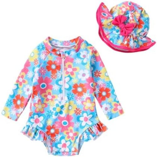 Infant Baby Girl Swimsuit One-Piece Long Sleeve Rash Guard with Hat Set Floral Zipper Bathing Suit Leopard Beach Wear