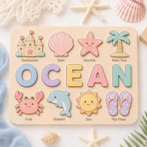 Wooden Ocean Name Puzzle, Personalized Beach Nursery Gift, Custom Toddler Board Toy with Dolphin Starfish Crab, Under the Sea Baby Gift