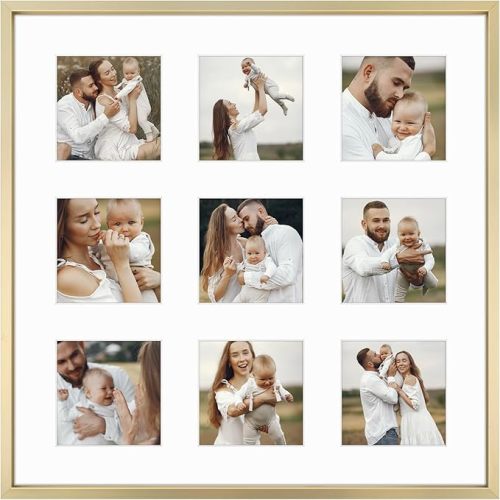Golden State Art, 4x4 Aluminum Collage Frame, Displays 4 x 4 Pictures With 9 Openings Mat or One 16x16 Photo, Real Glass, Wall Display, Gold, 1 Pack