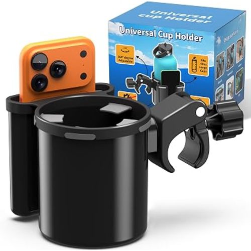 Universal Clamp-on 2-in-1 Cup Holder & Phone Holder for Stroller, Walker, Wheelchair, Fits 12oz-40oz Drinks, Multifunctional Storage Organizer, Pack of 2