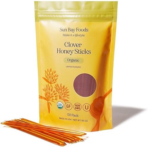 Sunbay Foods Organic Honey Sticks - 100% Pure Raw Clover Honey Straws - Easy to Open Natural Sweetener for Tea, Coffee, Healthy Snacks, Hiking & Gym- Made in the USA with Real Honey (50, Clover)