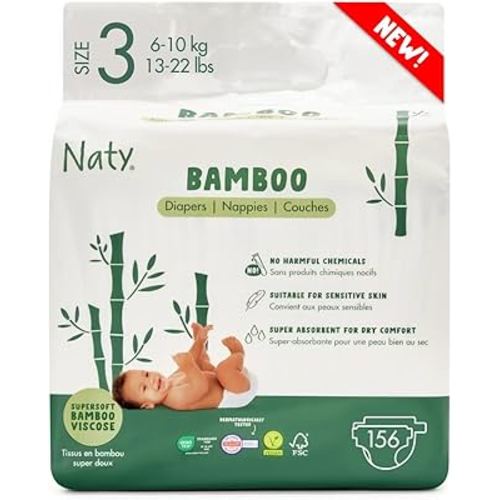 Naty Bamboo Viscose Baby Diapers – Silky Soft, Plant Based, Dermatologically Tested for Sensitive Skin & Super Absorbent (Size 3, 156 Count)