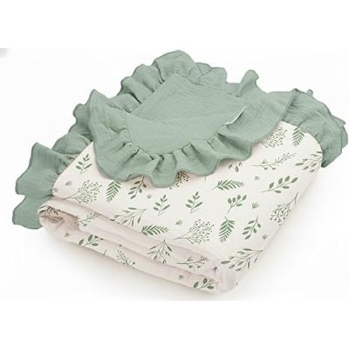 Muslin Ruffled Baby Blanket, Extra Large 52 x 52 Inches, Soft Breathable Cotton Crib Blanket for Newborn Infant Toddler (Leaf C & Sage, Printed)