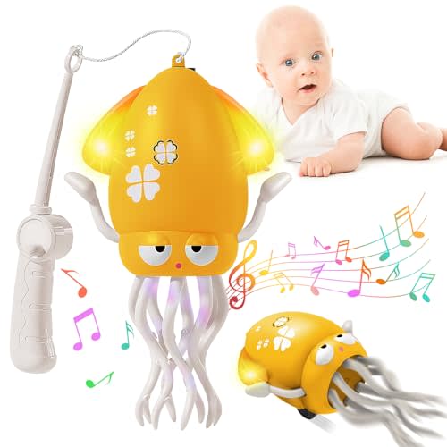 Plnmlls Dancing Squid Toy,Musical Tummy Time Crawling Toy with LED Lights | Rechargeable, Mute, Detachable Fishing Rod, Interactive Moving Toy for Early Walkers, Birthday Gift for Kids
