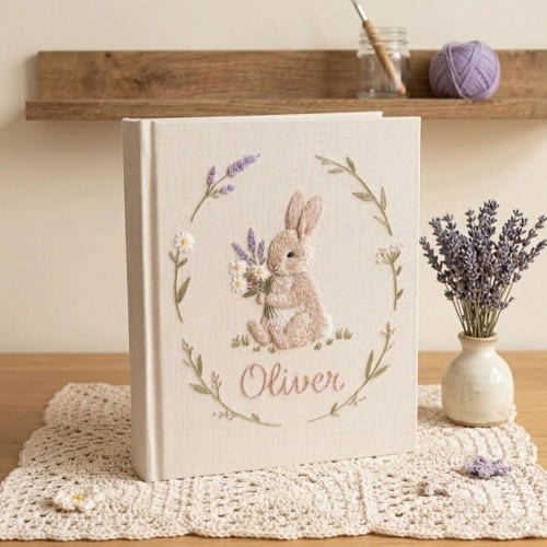 Custom Hand Embroidered Baby Photo Album, Personalized Bunny Memory Book, Newborn Keepsake Gift, Nursery Decor Album, Handmade Baby Keepsake