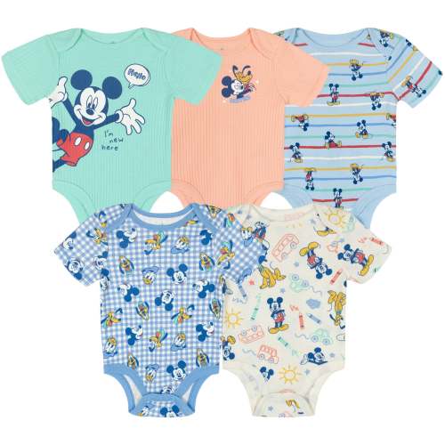 Mickey Mouse 5 Pack Gingham Ribbed Bodysuits