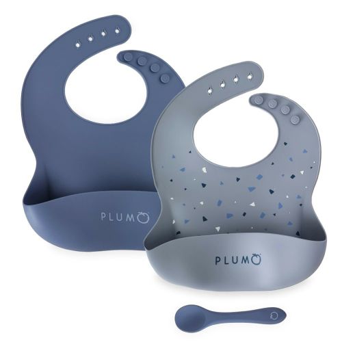 Plum Silicone Bib & Spoon Set 3Pc Steel/Denim