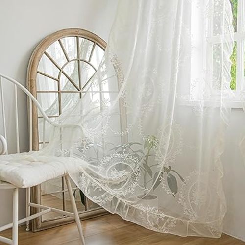 Sutuo Home Lace Curtains 2 Panels 90 Inches Long, Vintage Embroidered Floral Rose Sheer Curtains for Bedroom Living Room, Privacy Country Rustic Windows Treatment Pair, Rod Pocket, W57 x L90,Ivory