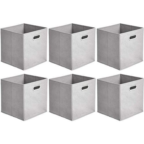 Amazon Basics Collapsible Cube Storage Bins, Space-Saving, Organizing Fabric Bins with Handles, 10.5 x 10.5 x 11 inches, Light Grey, 6-Pack