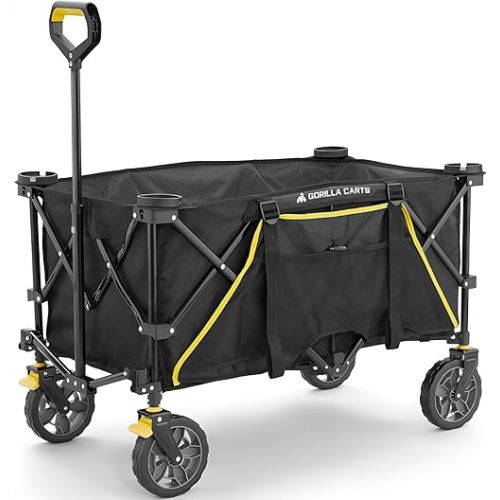 Gorilla Carts Collapsible Folding Outdoor Utility Wagon, 7 Cu Ft Oversized Bed, 150 lb Load Rating, Black – Foldable Rolling Cart w/ Pockets & Cup Holders for Beach, Camping, Sports or Picnic