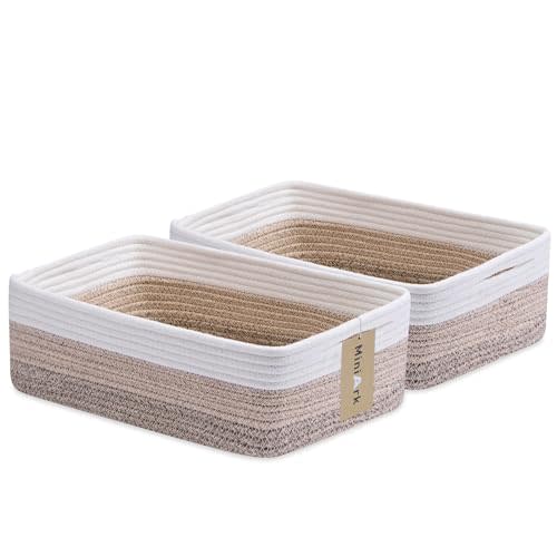 MiniArk Large Shallow Organizing Baskets 15x11x5.1 Inches - Rope Woven Storage Bins for Bathroom, Shelves, Cube Closet, Gradient Brown 2 Packs