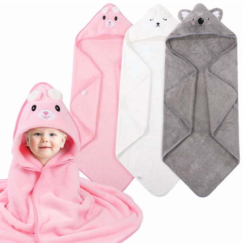 KABOER 3 Pack Hooded Baby Towels, Large 31.49"x31.49" Ultra Soft Baby Bath Towels with Cute Animal Designs, Absorbent Towels for Newborns, Infants & Toddlers, Machine Washable