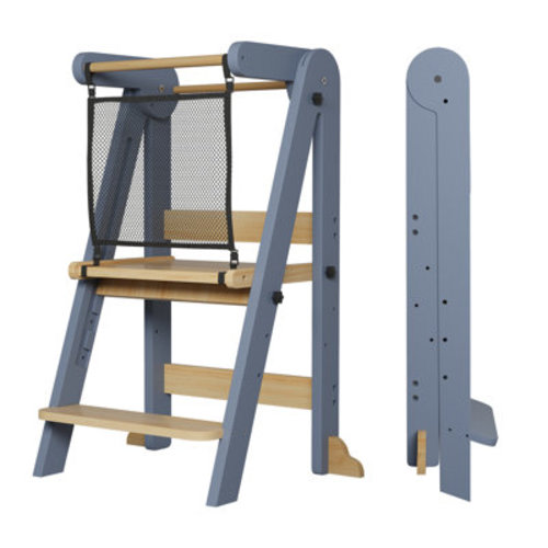 Isabelle & Max™ Foldable Kids Step Stool, 3 Adjustable Height Wooden Toddler Kitchen Tower With Safety Net - Grey | Wayfair