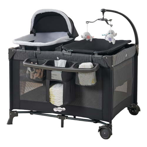 Pamo Babe 4-in-1 Baby Playard with Bassinet & Changing Table for Newborn,Grey