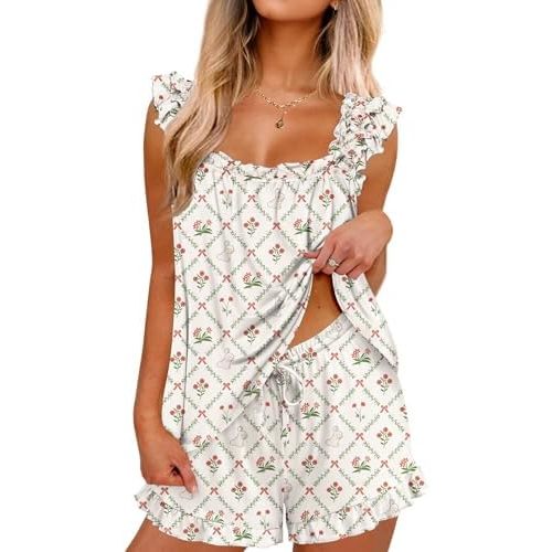 Ekouaer Pajama for Women Set 2 Piece Ruffle Pjs Soft Tank Top and Shorts