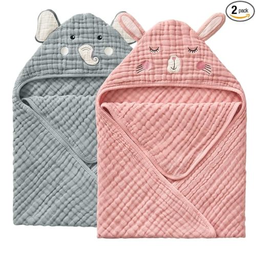 Blissful Diary Muslin Baby Hooded Towel 2 Pack, Soft & Absorbent Bath Towel for Infant, Toddler, Unisex, Baby Gift, Newborn Essentials, Wise Elephant & Sweet Bunny