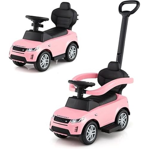 Costzon Push Car for Toddlers, 3 in 1 Land Rover Discovery Stroller Sliding Walking Car with Handle, Horn Sound, Underneath Storage, Armrest Guardrail, Foot-to-Floor Ride On Toy for Boys Girls (Pink)