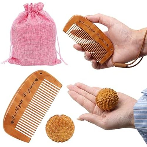 3Pcs Birth Comb Acupressure Massage Ball Set, Natural Wooden Comb & Ball Set for Labor Pain, Back, Hips - Gift for Pregnant Moms with Storage Bag & Lanyard