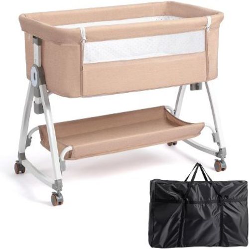 JOYMOR 3 in 1 Baby Bassinet, Bedside Bassinet for Baby, with Comfy Mattress and Wheels, 6 Height Adjustable Easy Folding (Beige)