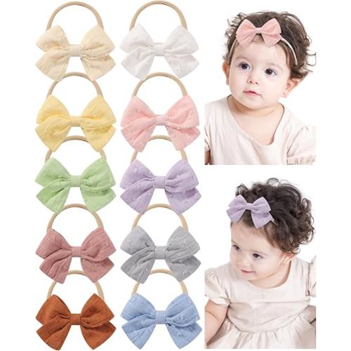 Baby Girls Cotton Hair Bows Headbands Nylon Hair Bands Elastic Hair Accessories for Newborn Kids Infants Toddlers 10Pcs Solid Linen