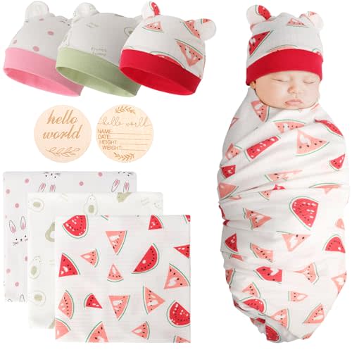 AQOKKA 3 Sets Cotton Baby Swaddle Blankets Wrap with Cute Bear Ears Hats Wooden Birth Announcement Card Soft Nursery Receiving Swaddles for Newborn Infant Girl Boy 0-3 Months