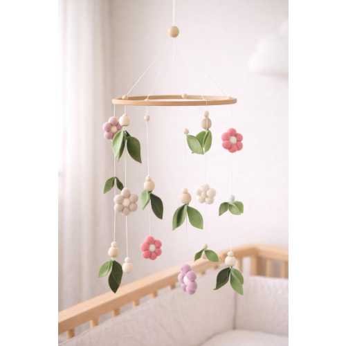 Floral Themed Baby Mobile, Green Leaves & Felt Flowers Neutral Earthy nursery decor, Newborn Cot Crib Mobile Carousel, Baby Shower Gift