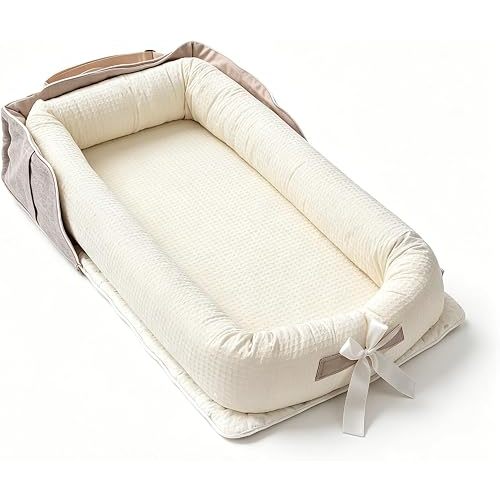 Baby Lounger 0-24 Months Portable,Infant Lounger for Newborn Soft Organic,Adjustable Baby Nest Breathable Fabric & 3D Support for Home & Trave,Newborn Essentials(Beige)