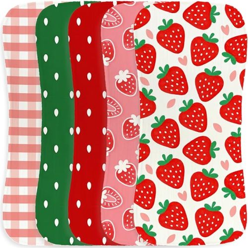 5 Pack Baby Burp Cloths, Soft Cotton Sweet Strawberry & Berry Harvest Theme Burp Cloths, Super Absorbent Cute Gingham & Fruit Print Washcloths, Newborn Baby Essentials Gift Set