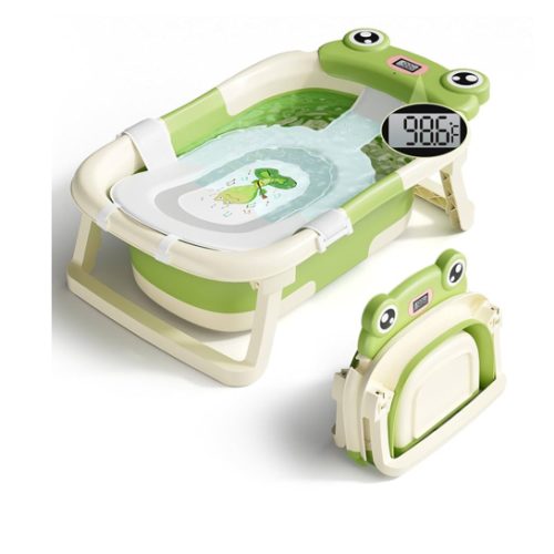 Baby Bathtub, Collapsible Newborn Bathtub for Infant to Toddler 0-24 Months with Soft Cushion and Thermometer,Portable Travel Newborn Tub with No-Slip Feet, Baby Shower Gifts,Green