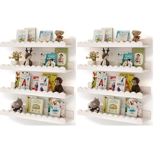 Shario Nursery Book Shelves, 8-Pack White Floating Shelves for Wall Kids, Scalloped Shelves, Wall Book Shelves for Bedroom Kids, Toddler Room, Baby Room, Nursery Decor
