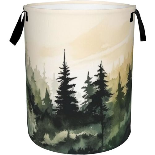 Mountain Forest Laundry Basket,Large Watercolor Landscape Laundry Hamper/Bathroom/Home Decor/Collapsible Round Storage Bin,Boys Girls Dirty Clothes Hamper/Boxes/Toys Storage 16x20 Inch