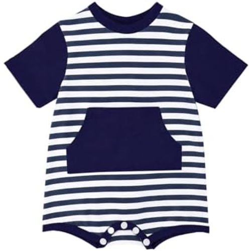 Short-Sleeve Striped Romper Baby Boys G-Tube Bodysuit NICU/PICU Port-Friendly Adaptive Clothing for Toddler