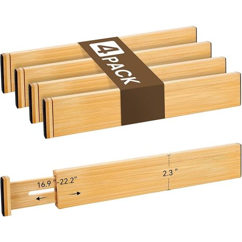 Bamboo Drawer Divider Set of 4, Adjustable Spring-Loaded Drawer Organizer (16.9"-22.2"), 2.3" Height, Suitable for Kitchen, Desk, Bathroom, Clothing, and Miscellaneous Drawer Organization, Natural
