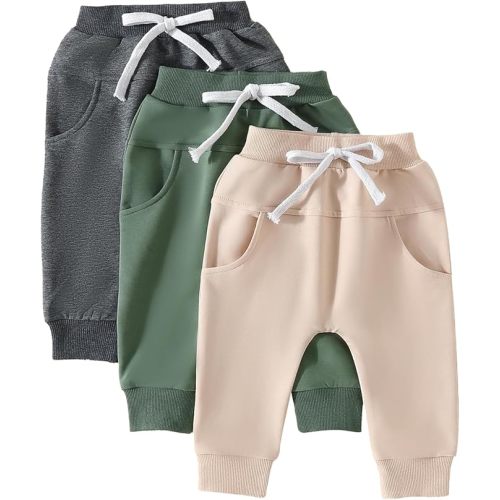 Yoawdats Baby Boys' 3-Pack Pull-on Jogger Pants Knit Pants Classic Fit Elastic Waist Kids Toddler Pants Multipacks Long Pants