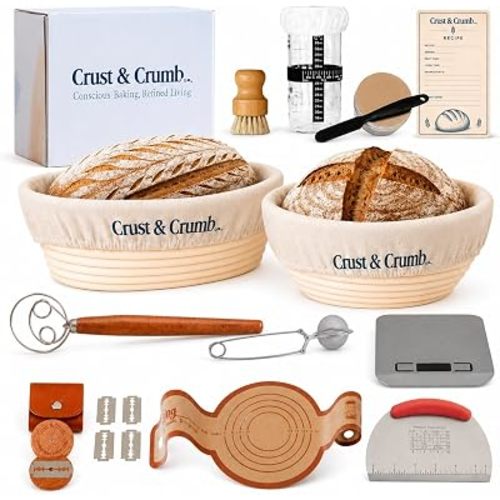 Complete Sourdough Starter Kit, 2 Bannteon Bread Proofing Baskets 9" & 10", UFO Bread Lame, Food Scale, Starter Jar, Silicone Baking Mat, Stainless Steel Dough Scraper and Flour Sifter, Recipes