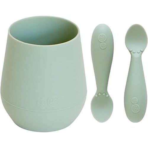 ezpz Tiny Cup (Sage) + Tiny Spoon (2 Pack in Sage) - baby essentials, cup and spoon