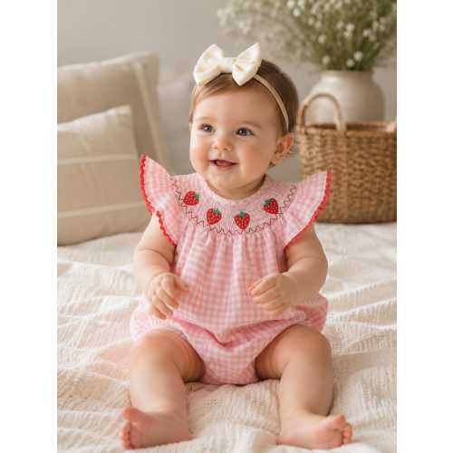 Baby Girls Strawberry Gingham Smocked Romper
