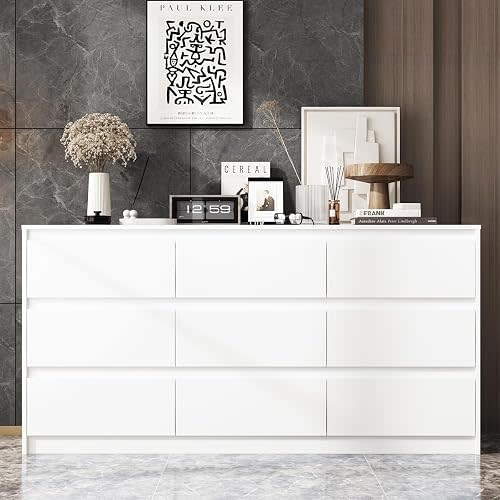 9 Drawer Dresser for Bedroom with Deep Drawers, Large Floor Wood Dressers & Chest of Drawers Handle Free, Modern White Long Dressers for Closet Living Room, Euro Slide (63"W x 15.7"D x 31.5"H)