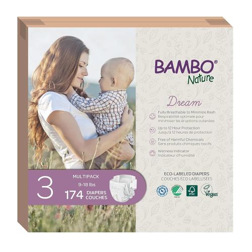 Bambo Nature Hypoallergenic Baby Diapers, Eco-Labelled Sustainable Diapers, Enhanced Leakage Protection, Totally Chlorine-free, Skin Friendly, and Super Absorbent - Size 3 (174 Count)