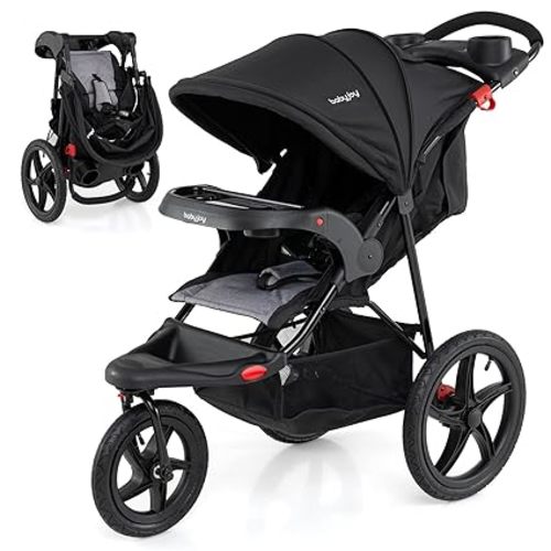 BABY JOY Jogging Stroller, Foldable Jogger Stroller with Adjustable Canopy & Backrest, Air-Filled Tires, Child & Parent Tray, Cup Holders, Storage Basket, Running Stroller for Babies Toddlers (Black)
