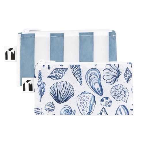 Bumkins Roamio Reusable Snack Bags, for Kids School Lunch and for Adults Portion, Washable Fabric, Waterproof Cloth Zip Bag, Pack Travel Pouch, Food-Safe Storage, 2-pk Nautical Stripe and Blue Shells