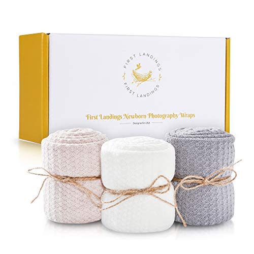 First Landings Baby Wrap | Set of 3 Premium Knit Wraps | Newborn Photography Props for Boy or Girl Photoshoot | Unisex Newborn Receiving Blankets or Baby Swaddle Wrap