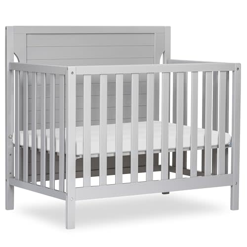 Dream On Me Bellport 4-in-1 Convertible Mini Baby Crib, Compact Design in Pebble Grey, GreenGuard Gold & BSA, Non-Toxic, Sustainable Pinewood, Converts to Mini Daybed & Twin Bed, 1″ Mattress Pad