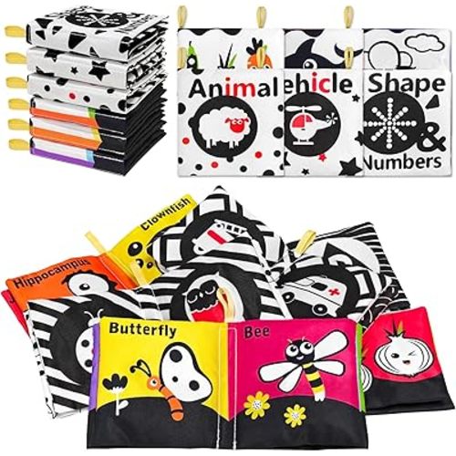 6 PCS High Contrast Black and White Crinkle Cloth Books for Infants 0-3 3-6 Months, Tummy Time Soft Book,Montessori Sensory Toys for Brain Development, Baby Educational Toys Gift for Boys Girls