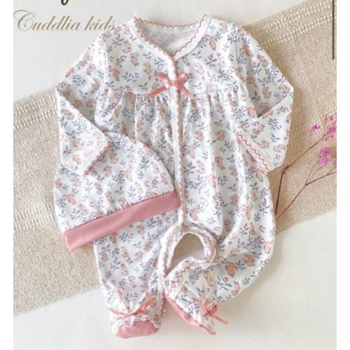 SHEIN Vintaside Kids Newborn Infant Baby Girl Romper Set, 4 Seasons Lovely Rabbit Flower Ditsy Floral Pink Contrast Color Snap Closure Long Sleeve Footies Bodysuit With Hat, 2pcs Pajama Set | SHEIN USA