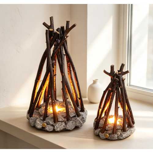Rustic Campfire Night Light, Decorative Log and Stone Lamp, Cozy Cabin Ambient Lighting, Woodland Bedroom Decor, Unique Housewarming Gift