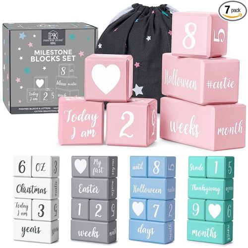Pink Baby Monthly Milestone Blocks with Bag. Baby Age Blocks for Girl or Boy Baby Photo Props and Baby Shower. Month Baby Milestone Blocks with Grammatically Correct Month and Year